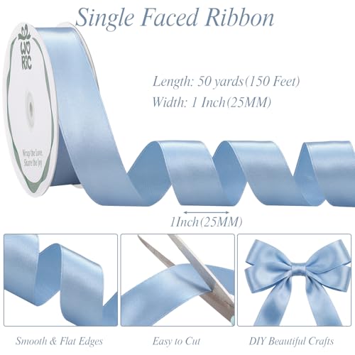 Image of woric Dusty Blue Satin Ribbon 1 Inch 50 Yards Light Baby Blue Ribbon | Gift Wrapping Bows Holiday Decor Sewing Corset Lacing Hair Bows Gift Basket DIY Crafts
