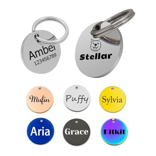 Personalised Stainless Steel Dog ID Tags, Customized Dog Tags,Customization of Up to 6 Lines of Text,Laser Engraving, 5 Colours (Round in Silvery, S)