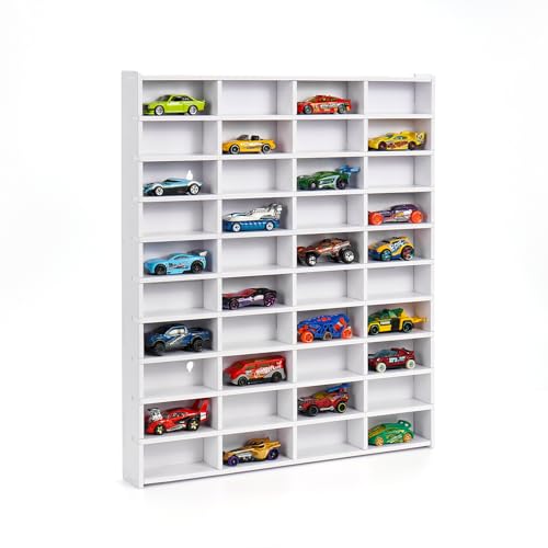 Krafetto Display Regal für Spielzeugautos Autos Vitrine und Organizer für 40 Modellautos Spielzeugautos Sammlervitrine Wandmontage Setzkasten Aufbewahrung & Display Sammelbox Weißes