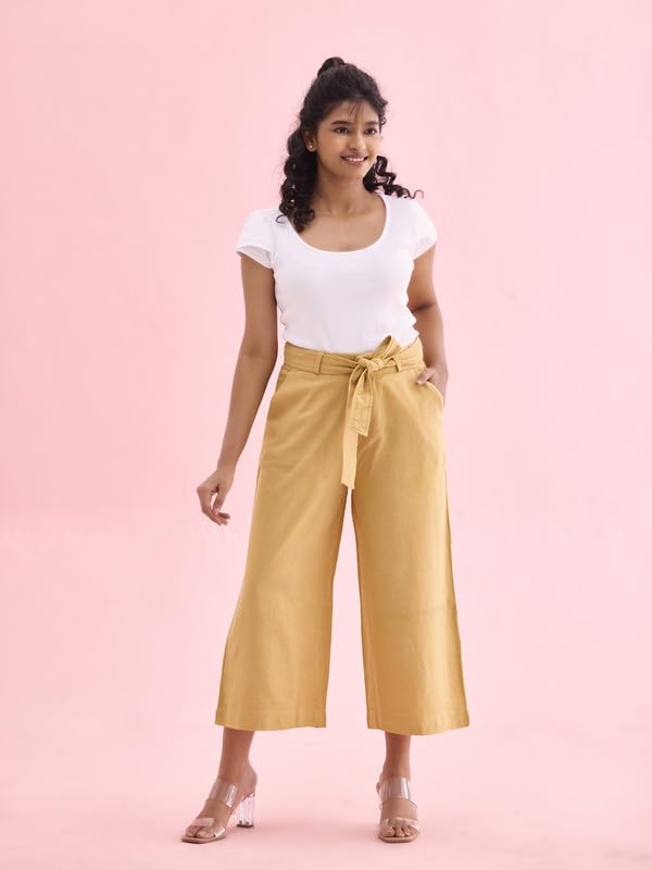 Image of GO COLORS Solid Linen Culottes for Women | High Rise, Side Pockets, Front tie-up