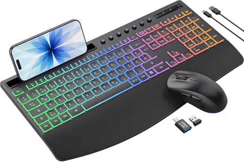 Tastatur Maus Set kabellos Beleuchtete, Wiederaufladbare, 4000 mAh Akku | Ergonomische, Telefonhalter, Leise Tippen in Voller Größe, 3 DPI Maus, 2,4GHz USB-A/USB-C für Chrome OS/Wi