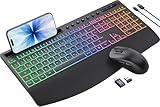 Tastatur Maus Set kabellos Beleuchtete, Wiederaufladbare Tastatur mit 4000 mAh Akku, Telefonhalter, Leise Tippen in Voller Größe, 3 DPI Maus, 2,4GHz USB-A/USB-C für Chrome OS/Window/PC- KM22 Ultra