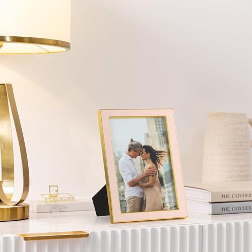 Image of eletecpro 4x6 Enamel Picture Frame with Real Glass Cover, Cute Photo Frame with Gold Metal Edge, Horizontal and Vertical Display Pictures 4 by 6 for Tabletop and Wall Decor, Pink, 1 Pack