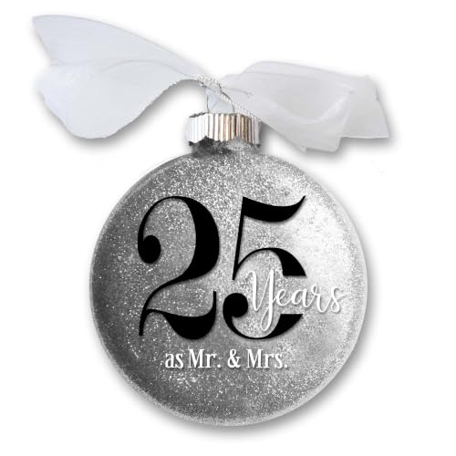 25th Wedding Anniversary Christmas Ornament, 25 Years as Mr & Mrs, Gift for Married Couple, Silver Anniversary Keepsake, Traditional Glitter Bauble with White Organza Ribbon Bow (25th Anniversary)