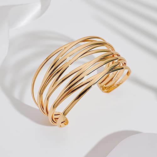 WOWORAMA Chunky Cuff Bracelets for Women Multi-layer Cross Wire Open Bangle Bracelet Adjustable Chunky Wide Open Wrist Arm Cuffs Wrap Bracelet Gold/White Gold4