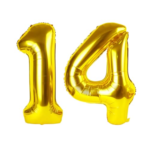 Image of 14 Balloon 40 inch Gold Number Balloons for 14 41 Birthday Party Decoration | Saturated Color, Large 40 in, With Straw & Hanging Hole, For Graduation Season, Thanksgiving, Anniversary, Christmas