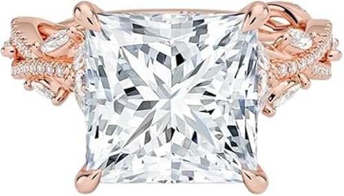 5 Carat Rose Gold Princess Cut Moissanite Engagement Ring for Women, Nature Inspired Floral Leaf Design, 10K 14K 18K Solid Gold or 925 Sterling Silver, Vintage Promise Wedding Ring, Unique Proposal Ring Gift