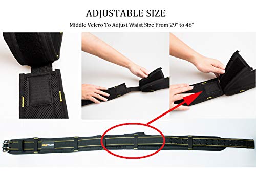 Image of MELOTOUGH 2-Inch Padded Tool Belt with 4 D-Rings Heavy Duty Double Metal Roller Buckle, Adjustable 29 inch-46 inch Waist, Comfort Foam Padding for Construction, Electrician, Carpenter (Black & Yellow, S /M)
