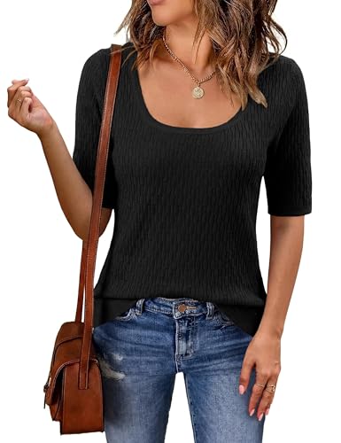 Totatuit Womens Short Sleeve Square Neck Textured Knitted Pullover Sweater