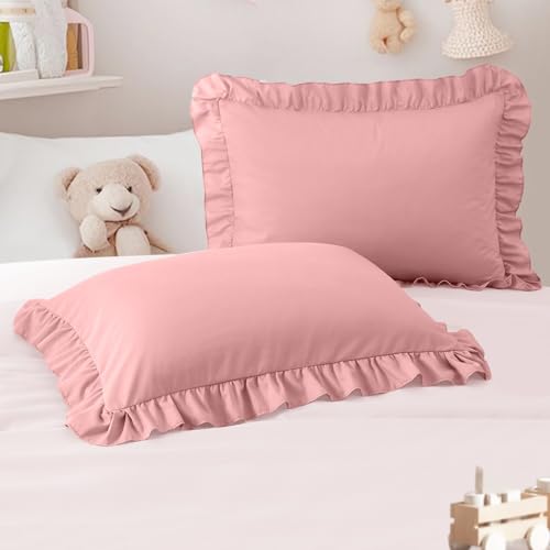 Image of 13 inchx18 inch Toddler Pillow Cases Set of 2, Pink | Ruffled Pillow Shams Brushed Microfiber Nursery Pillow Cover for Boys Girls, Soft Breathable Machine Washable