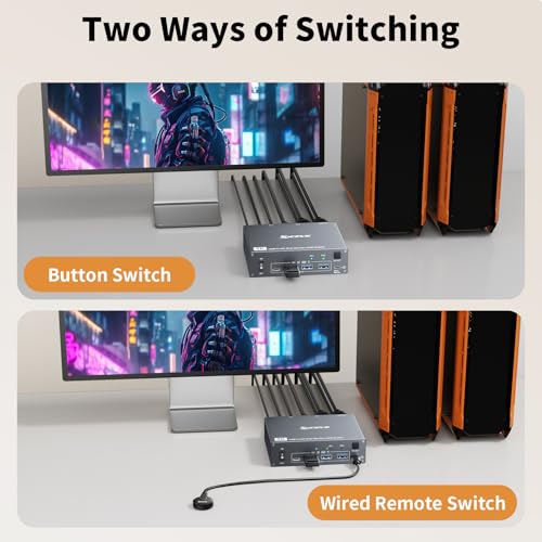 4K@60Hz Dual Monitor KVM Switch for Laptop & Desktop, USBC HDMI KVM Switch 2 Monitors 2 Computers with 4 USB3.0 Port, Type-C 60W Charging for Laptop, Wired Remote and 2 USB Cables Includes - Image 6