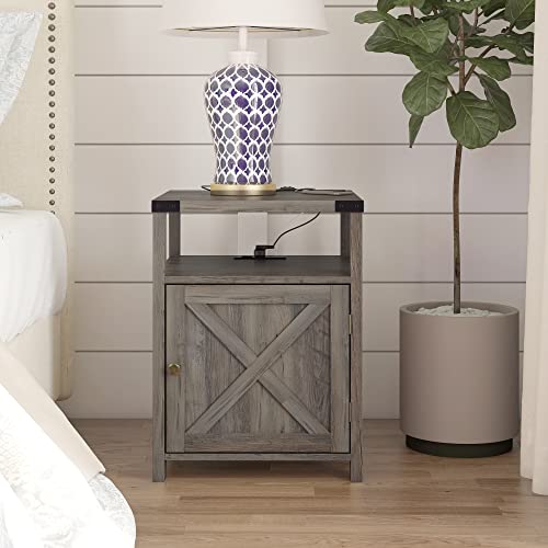 Hoseoka Farmhouse Nightstand With Charging Station, Rustic End Table Bedroom With Storage Living Room Side Table Beige Night Stand Industrial Bedside Bed Table With Usb Ports And Outlets #TOP3