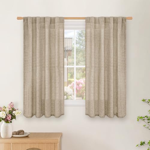 BGment Short Oatmeal Linen Curtains 45 Inch Length for Kitchen, Rod Pocket Small Window Drapes Light Filtering for Bathroom Bedroom Back Tab Semi Sheer Treatments, 2 Panels Set, 34 Inch Wide