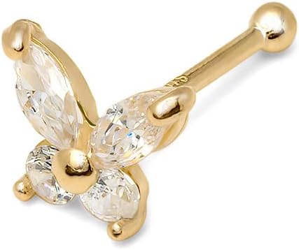 Jewelryweb - 14k Real Gold Simulated Diamond CZ Butterfly Nose Stud - 20g nose ring - nose piercings - nose rings studs - clear nose studs