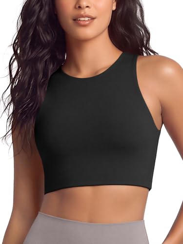 Image of ODODOS Racerback Tank Bra for Women High Neck Non Padded Medium Support Sports Bra Workout Yoga Crop Tops