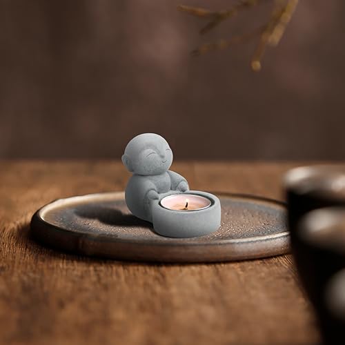 Image of Buddha Statues with Candle Holder Zen Monk Candle Holder Zen Monk Buddha Statue Praying Sculptures Ornament for Wealth Good Luck Feng Shui Decor Home Office Car Decoration