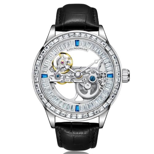 DAXIAOYU 自動機械式メンズ腕時計 透明ムーブメント ダイヤル レインボー ダイヤモンド ベゼル ステンレススチール 防水 カジュアル 腕時計 メンズ, シルバー, ラグジュアリー。