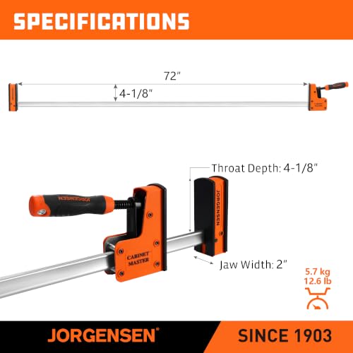 Image of JORGENSEN 72-Inch Parallel Bar Clamps, 2-Pack Cabinet Master Bar Clamps | Heavy-Duty Clamps for Woodworking Glue-Up, 2200 lbs Force, Quick Release, Spreader Function