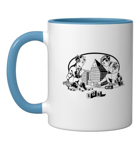 Two little Boys are playing with building blocks Ceramic Mug, Blue/White