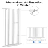 Katzengitter Tür, Schutztor Ausziehbar Haustiere Katzentiertor 150cm Haustiergitter Extra Hoch mit Doppelverriegelung Katzentür&3.5cm Stababstand Ohne Bohren für Haustier Kleinen (weiß)