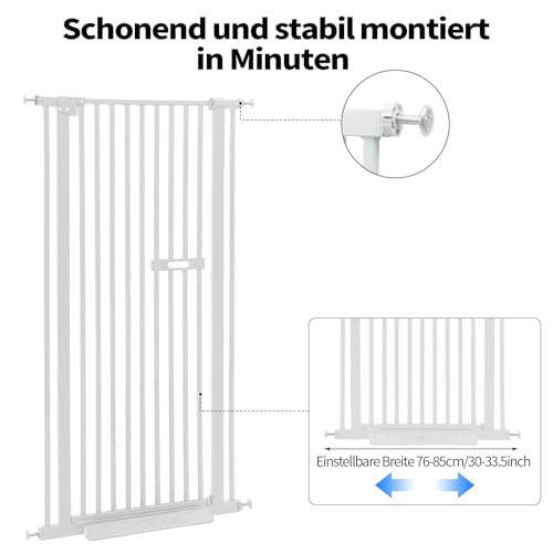 Katzengitter Tür, Schutztor Ausziehbar Haustiere Katzentiertor 150cm Haustiergitter Extra Hoch mit Doppelverriegelung Katzentür&3.5cm Stababstand Ohne Bohren für Haustier Kleinen (weiß)