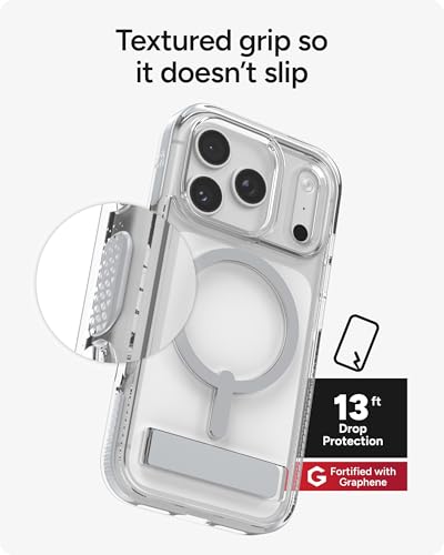 Image of ZAGG Santa Cruz Snap Case with Kickstand for iPhone 17 Pro - Silver, Drop Protection (13ft /4m), MagSafe Charging Compatible, ClearGuard Anti-Yellowing Technology, Scratch Resistant Phone Case