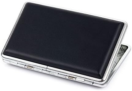 New Plain Black Leather Metal Cigarette Case Holds 14 Cigarettes for 100's Cigarettes