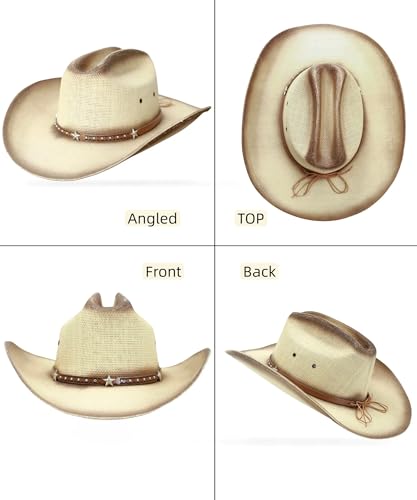 Image of Straw Cowboy Hat, Cattleman Crease 4.1 inch Wide Brim Western | Unisex design, shapeable wide brim, breathable cowgirl style, gift box included, 2 sizes