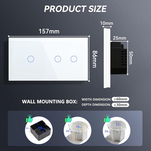 BSEED Smart Lichtschalter 2 Fach 2 Wege +1 Fach 2 Wege Wifi Smart Lichtschalter arbeitet mit Amazon Alexa and Google Home,Glas Touchscreen-schalter Weiß(Erforderlich Neutral Draht)157mm