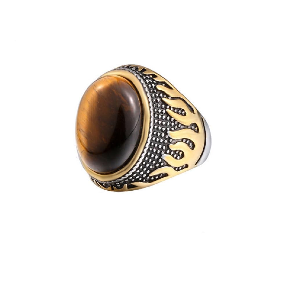 Tigerauge Herrenring, handgefertigt, Vintage-Stil, Edelstahl, geschnitztes Flammenmuster, ovales Edelstein-Emblem, Naturstein-Ring, personalisierter Motorrad-Schmuck