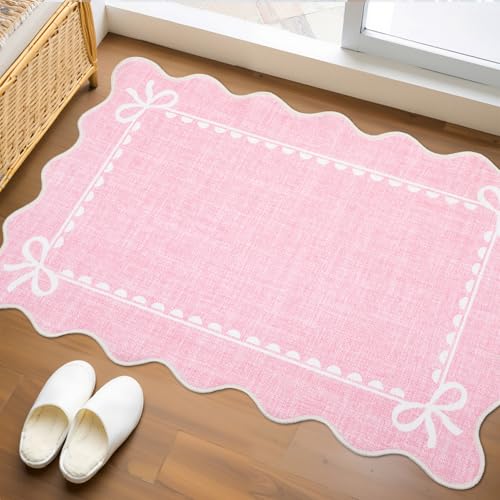 GarveeHome Scalloped Entryway Rug 2x3 Washable Front Door Bow Rug, Pink