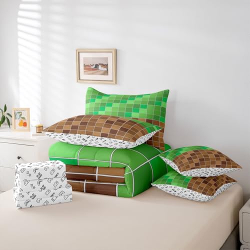 Image of Erosebridal Gaming Plaid King Comforter Set with Sheets 7 Piece Geometric Checkered Gamer Bed in A Bag Checkerboard Games Bedding Sets for Kids Adults,Brown Green Grids Bed Set