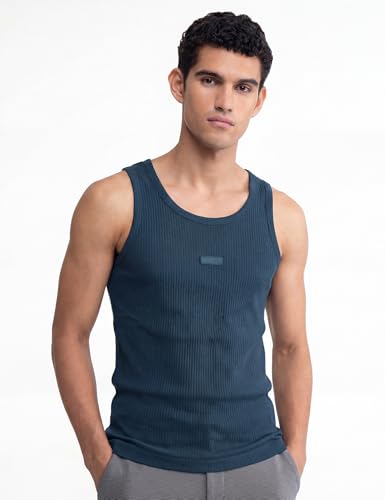 Image of DAMENSCH Men Ribbed Texture, Cotton-Rich Comfort, Easy Regular fit, Solid Colours Ribbed Elemental Tank Tops
