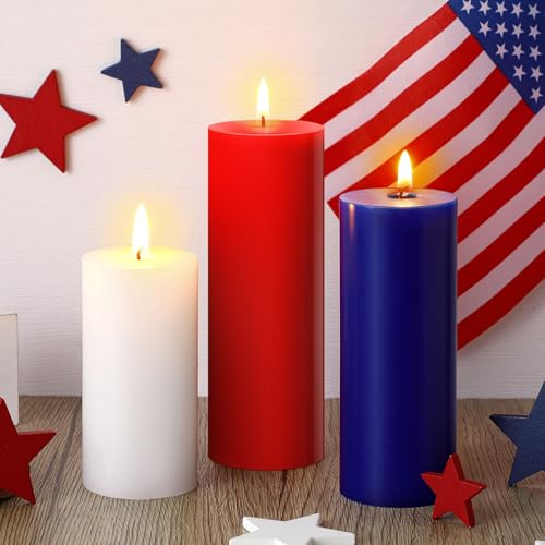Image of Conelist 3 Pcs Red White and Blue Wax Candle 4th of July Unscented Dripless Pillar Patriotic Candles Smokeless Independence Day American Gifts for Dinner Party Decoration