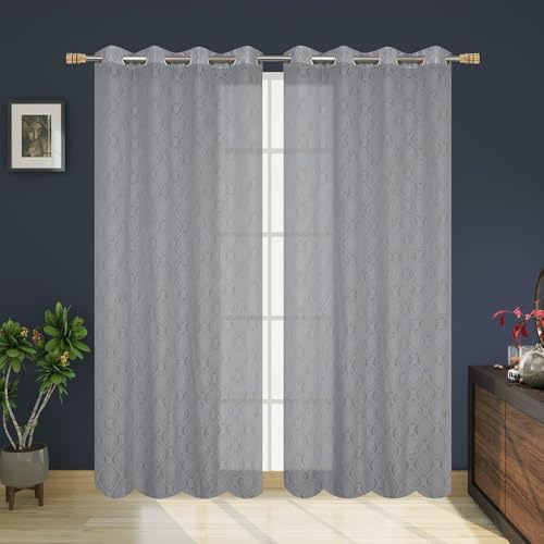 Image of Fabrilia Polyester Sheer Net Damask Design Semi Transparent Eyelet Door Curtains 7 feet Long Set of 2- Grey