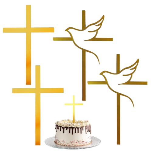 NOPKESV 4 Pièces Décoration Gâteau Croix Acrylique Or First Communion Cadeau pour Baptême Communion Confirmation Mariage Anniversaire Fête