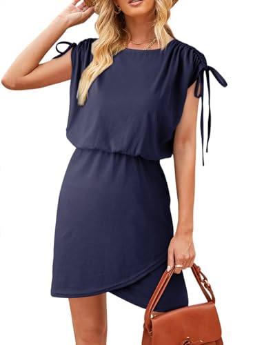 Image of Dokotoo Womens 2024 Summer Dress Drawstring Cap Sleeve Crew Neck Wrap Bodycon Dresses Mini Short Dress