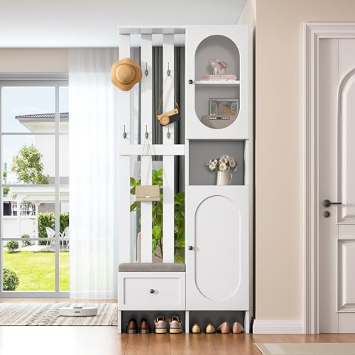 Merax Garderobenset Wandgarderobe, Kompaktgarderobe, Modern Flurgarderoben Set mit Schuhbank, Vitrine, Wandpaneelen, Kleiderhaken, Stylishe Garderobenständer für Flur Eingangsbereich, Flurmöbel, Weiß