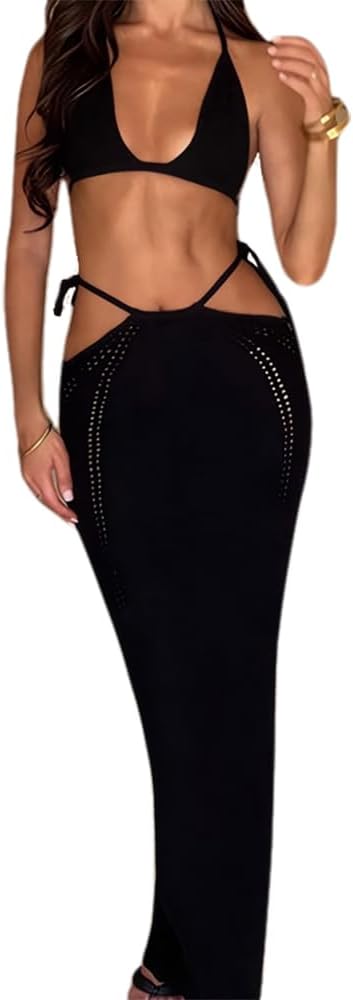 Women's Sexy Backless Slim 2 Piece Swimsuit Beach Bikini Dress Knitted Hollow Out Cover Up Set