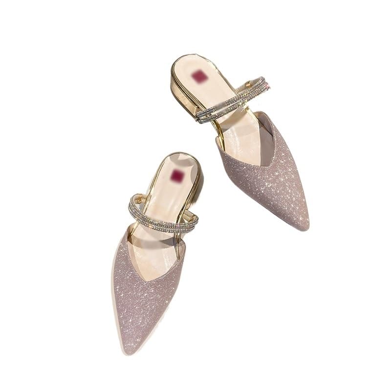 Water Diamond Baotou Sandals Women's Sandals Slippers Pointed Thick Heel Flat Bottom Half Slippers2