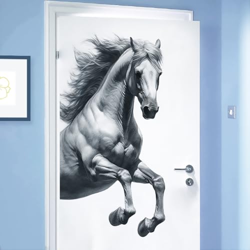 Removable Horse Wall Decals Hand Painted Retro Gray Jumping Horse Door Stickers Peel and Stick Wall Art Murals Home Decor