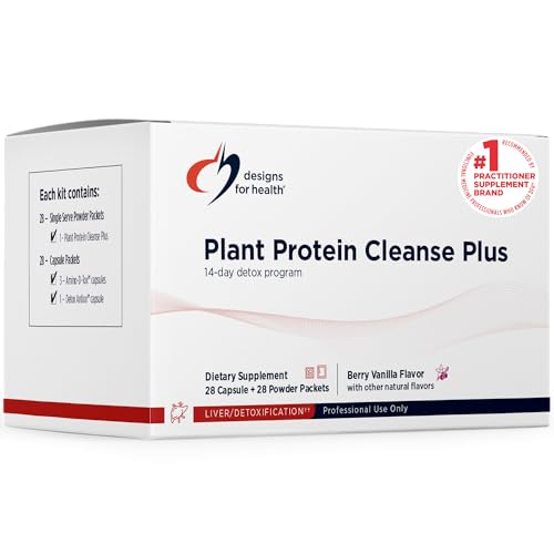 Designs for Health Plant Protein Cleanse Plus 14 Day Detox Program - Promotes Healthy Liver Function + Metabolic Cleanse with Antioxidants + Herbs, Vegetarian (28 Protein Powder Drink + Vitamin Packs)