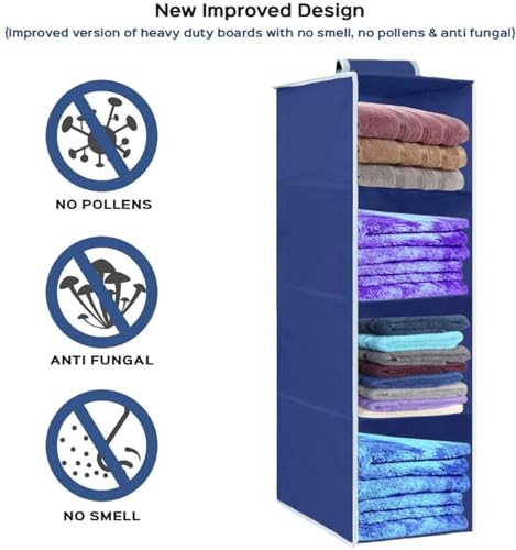 Image of Hanging Closet Organizer for Clothes Storage | Foldable Wardrobe Hanging Storage Rack | Non-Woven Multipurpose Cupboard Organizer for Clothes, Towels & Accessories (Blue, Pack of 1, 4)
