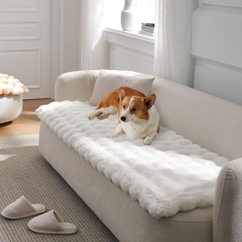 COZY KISS Couch Cover for Dogs Washable, Ultra Soft Faux Fur Pet Sofa Pad for Car Seat Protector, Liquid Pee Proof Cat Mat, Warm Pad for Dresser Top, 27.5x70 inch, Cream
