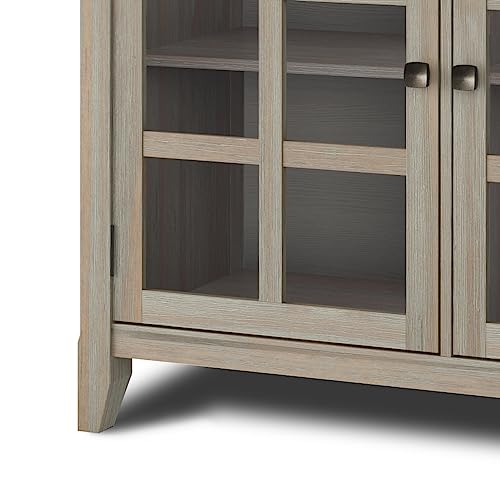 Simplihome Acadian Solid Wood 62 Inch Wide Transitional Wide Storage Cabinet In Distressed Grey, With 3 Tempered Glass Doors, 3 Adjustable Shelves #TOP5