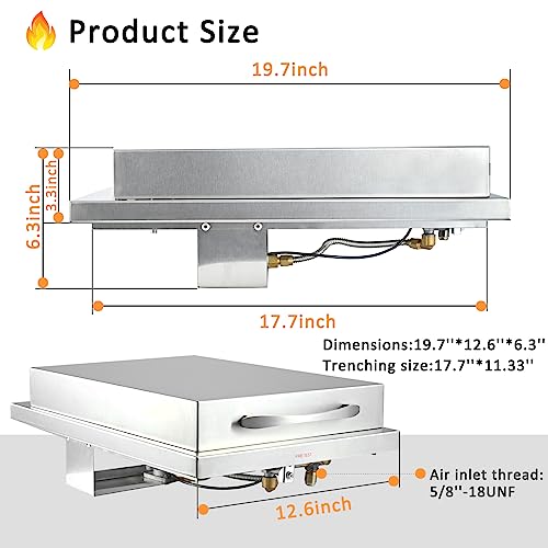 Marada Drop-In Single Side Grill Burner Natural Gas 304 Food Grade Stainless Steel Built-In Single Side Burner for Outdoor Grill 12,000 BTU Air inlet thread 5/8\"-18UNF