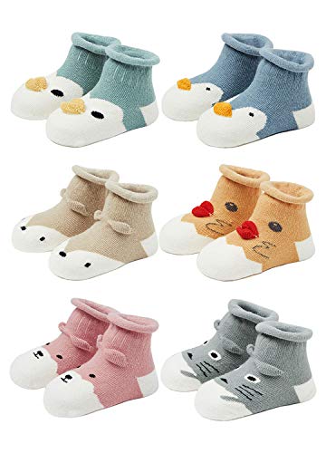 Image of Hellomamma Non-Slip Cotton Toddler Socks, Cute Animals Crew Kids Socks with Grippers Anti Skid Children Socks for Girls Boys