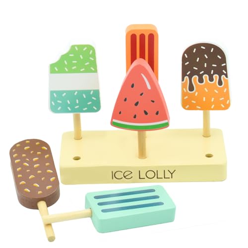 Coriver Juguete de Helado, 6 Piezas Heladeria Juguete Madera, Helados Comida Madera Juguete, Juguetes Alimentos Imitación, Juego Educativo Regalo para Niños Niñas 3 + Anos
