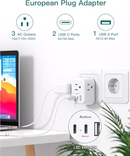 European Travel Plug Adapter, International Power Plug Adapter with 3 Outlets 3 USB Charging Ports(1 USB C), Travel Essentials to Italy,Greece,Israel,France, Spain (Type C) image 8