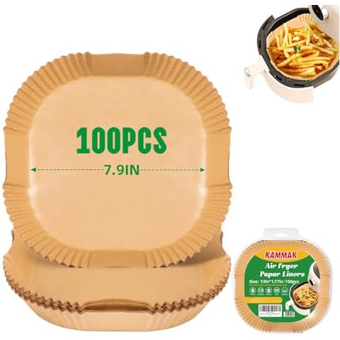 KAMMAK Airfryer Liner Disposable, 100 Sheets Air Fryer Paper Liners, Non-stick Air Fryer Parchment, Airfry liner 8 inch Square for Microwave Ovean Steamer Ninjia Basket Cover